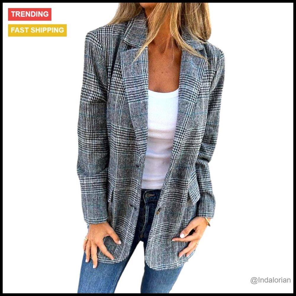 Tweed Blazer Plaid Houndstooth Oversized Casual Work Suit Jacket Classic Chic